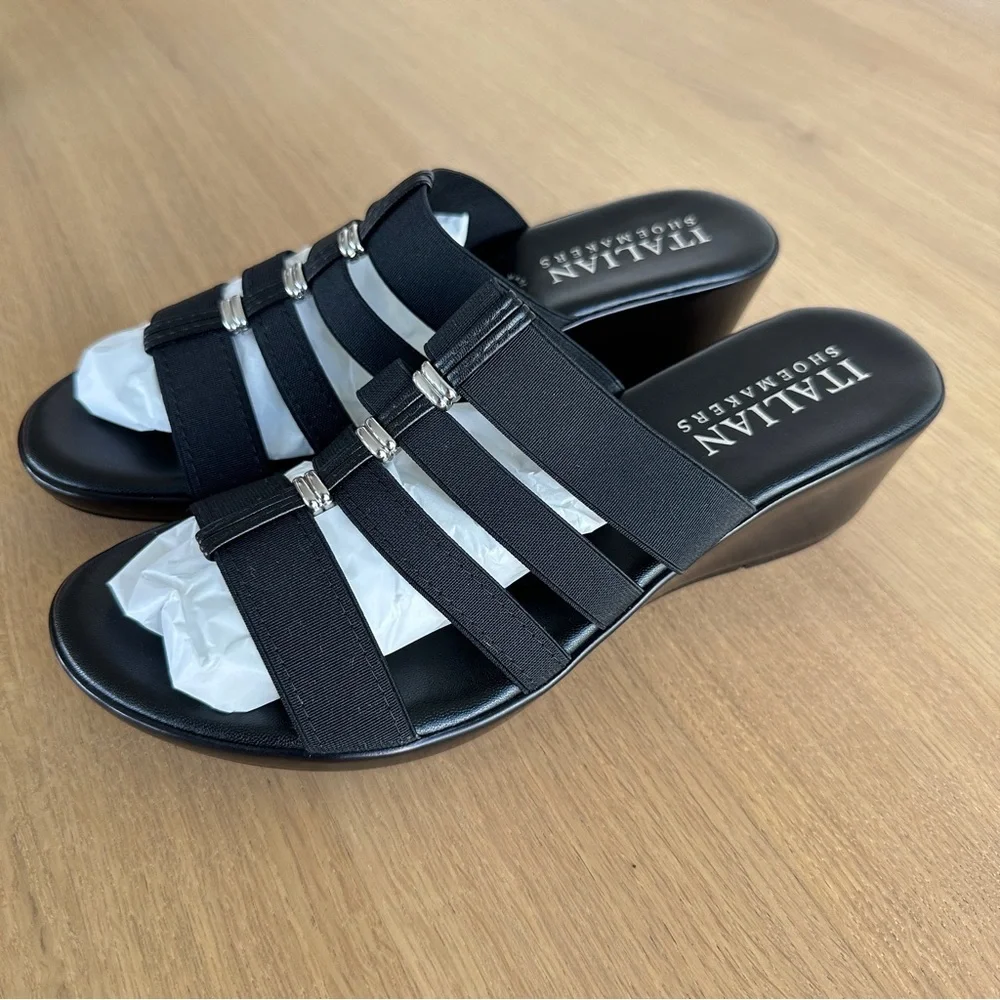Italian Shoemakers Black Wedge Slip On Sandal Sz 9M Silver Accent New Adalynn